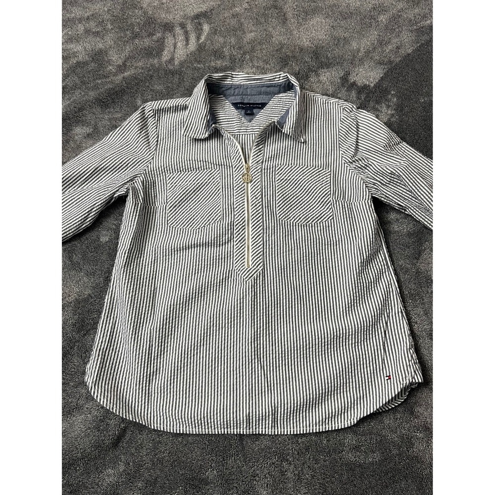 Tommy Hilfiger Womens Navy White Striped Seersucker Quarter Zip Pullover Preppy